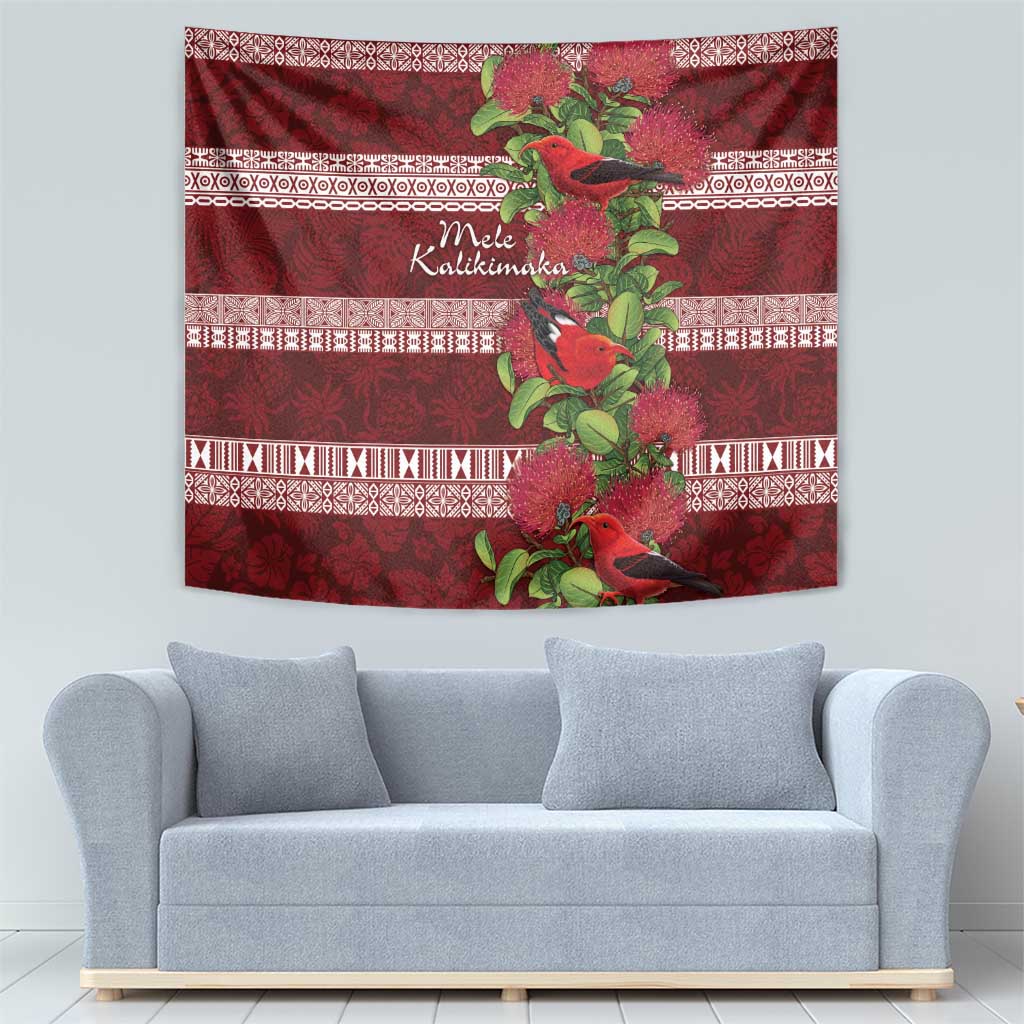 Hawaii Christmas Mele Kalikimaka Tapestry I'iwi Bird on Ohia Lehua