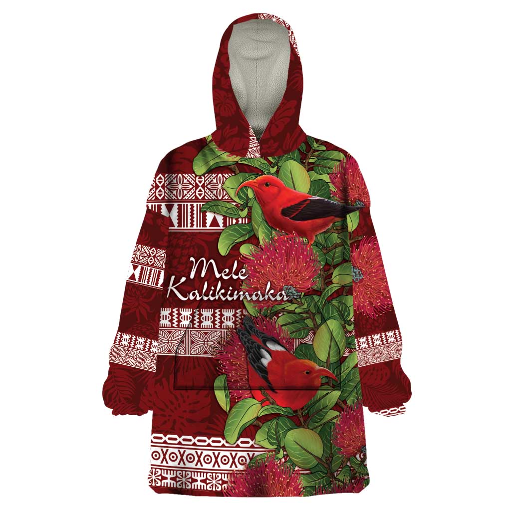 Hawaii Christmas Mele Kalikimaka Wearable Blanket Hoodie I'iwi Bird on Ohia Lehua