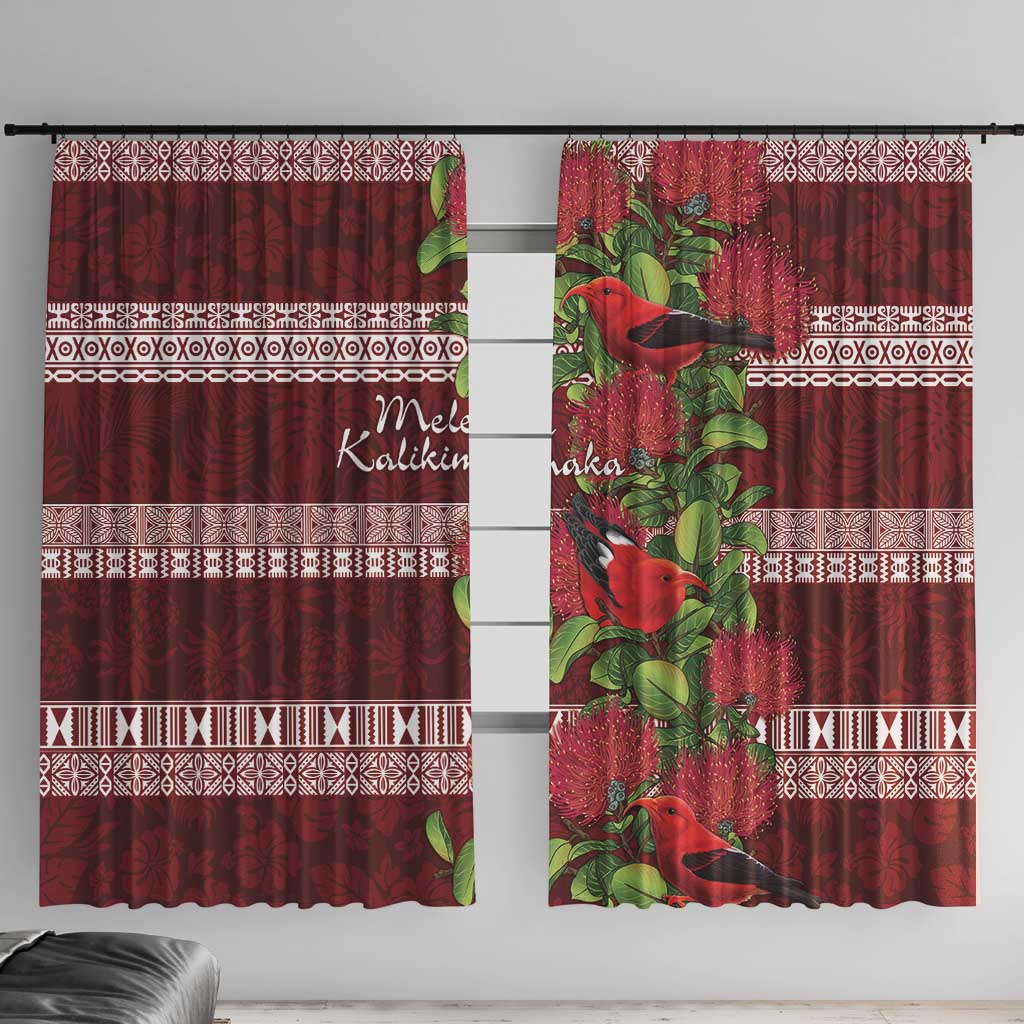 Hawaii Christmas Mele Kalikimaka Window Curtain I'iwi Bird on Ohia Lehua LT7 With Hooks Red White - Polynesian Pride