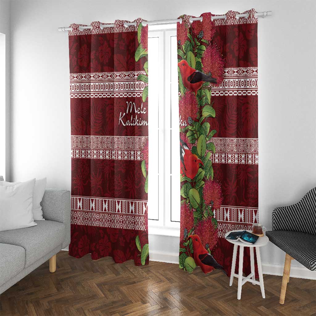 Hawaii Christmas Mele Kalikimaka Window Curtain I'iwi Bird on Ohia Lehua LT7 With Grommets Red White - Polynesian Pride