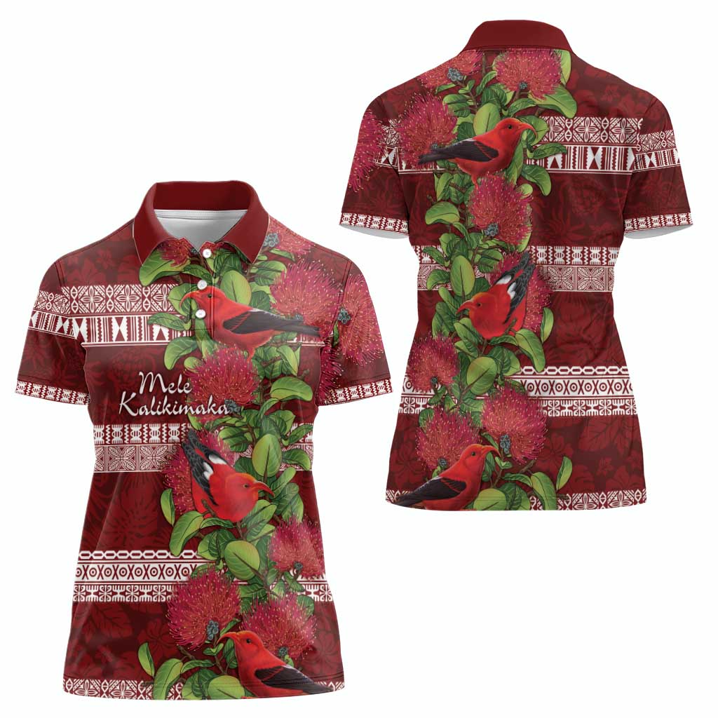 Hawaii Christmas Mele Kalikimaka Women Polo Shirt I'iwi Bird on Ohia Lehua