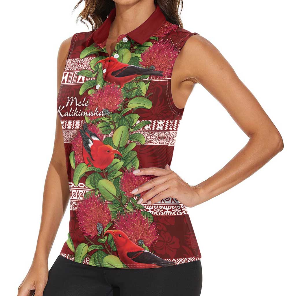 Hawaii Christmas Mele Kalikimaka Women Sleeveless Polo Shirt I'iwi Bird on Ohia Lehua