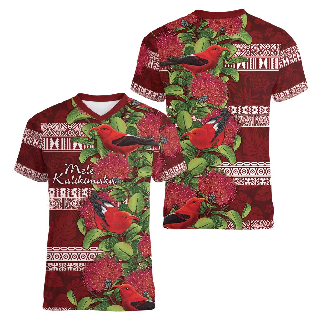 Hawaii Christmas Mele Kalikimaka Women V-Neck T-Shirt I'iwi Bird on Ohia Lehua