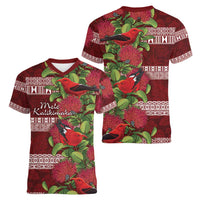 Hawaii Christmas Mele Kalikimaka Women V-Neck T-Shirt I'iwi Bird on Ohia Lehua