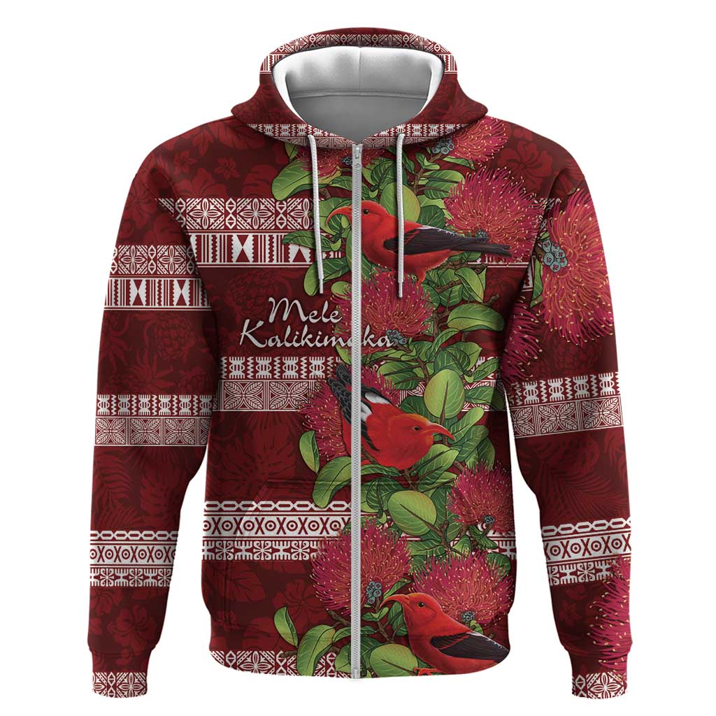 Hawaii Christmas Mele Kalikimaka Zip Hoodie I'iwi Bird on Ohia Lehua