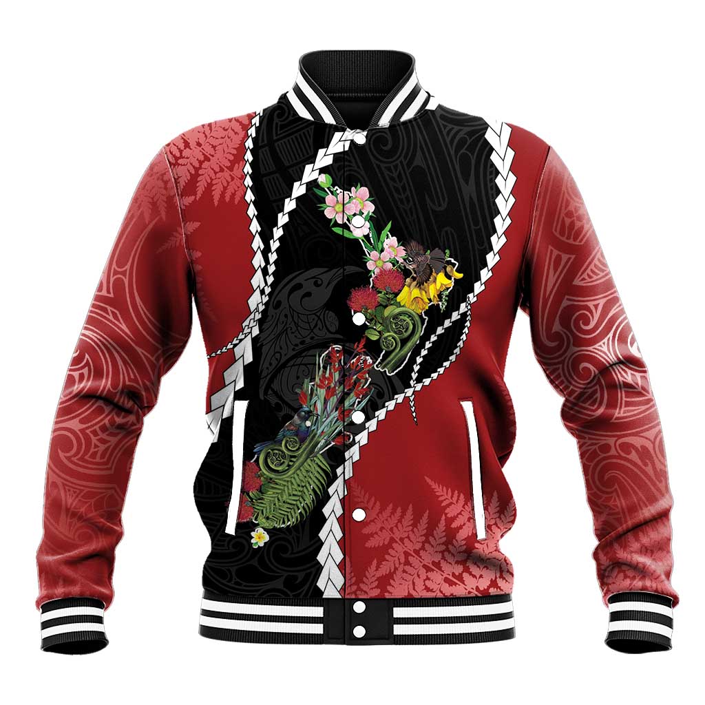 New Zealand Christmas Baseball Jacket Flora Map with Birds - Polynesian Pride