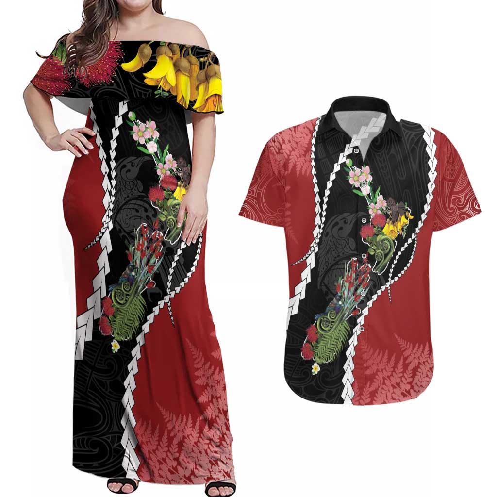 New Zealand Christmas Couples Matching Off Shoulder Maxi Dress and Hawaiian Shirt Flora Map with Birds - Polynesian Pride