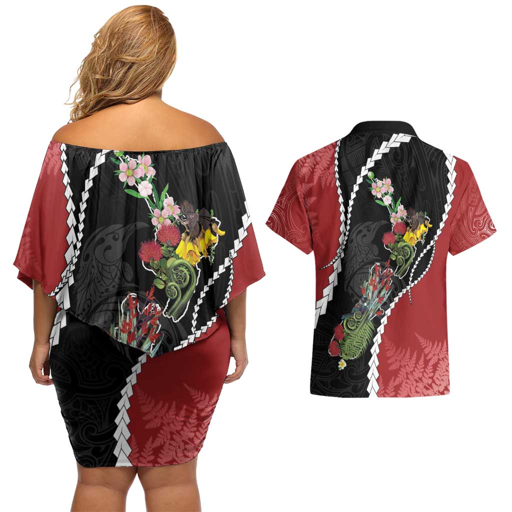 New Zealand Christmas Couples Matching Off Shoulder Short Dress and Hawaiian Shirt Flora Map with Birds - Polynesian Pride