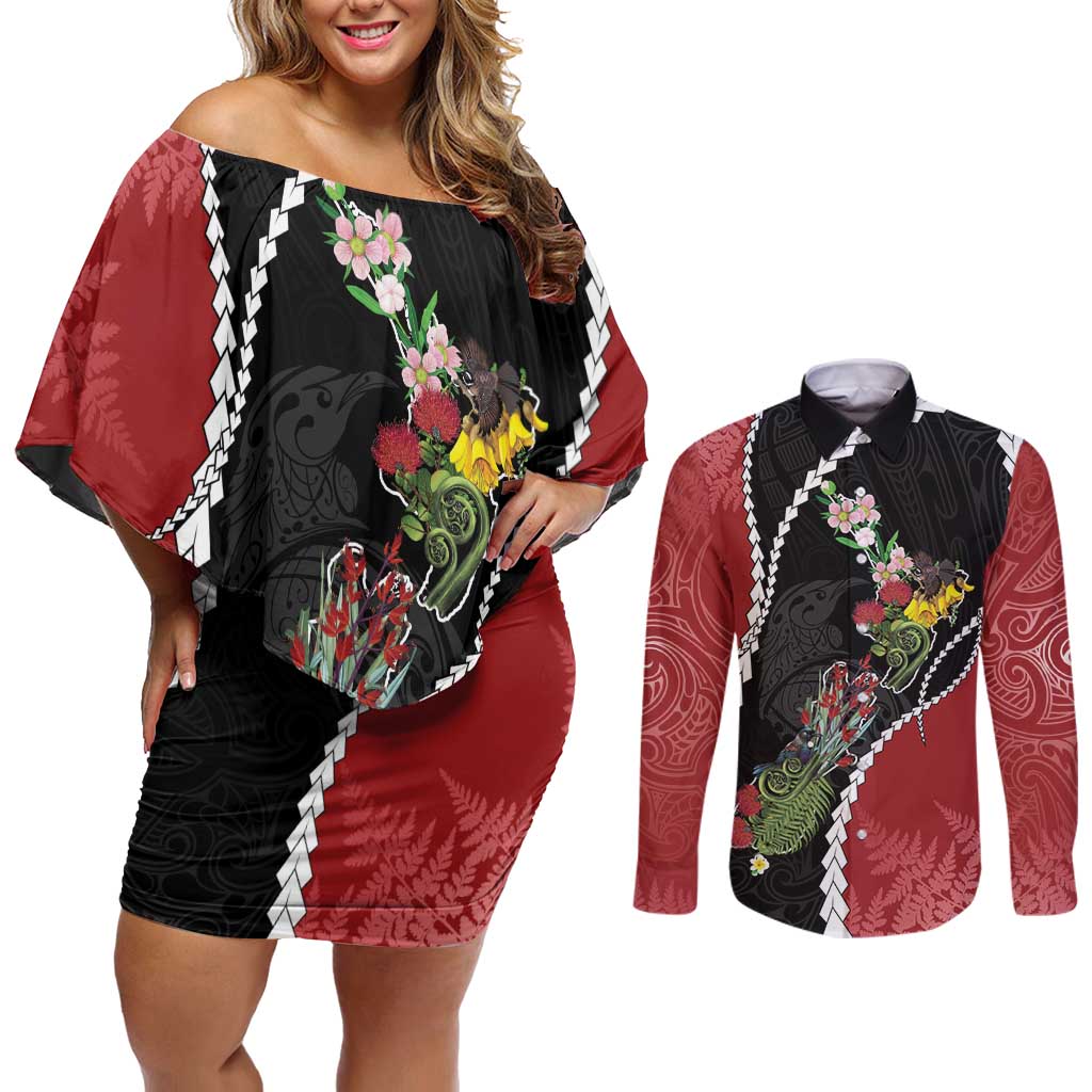 New Zealand Christmas Couples Matching Off Shoulder Short Dress and Long Sleeve Button Shirt Flora Map with Birds - Polynesian Pride