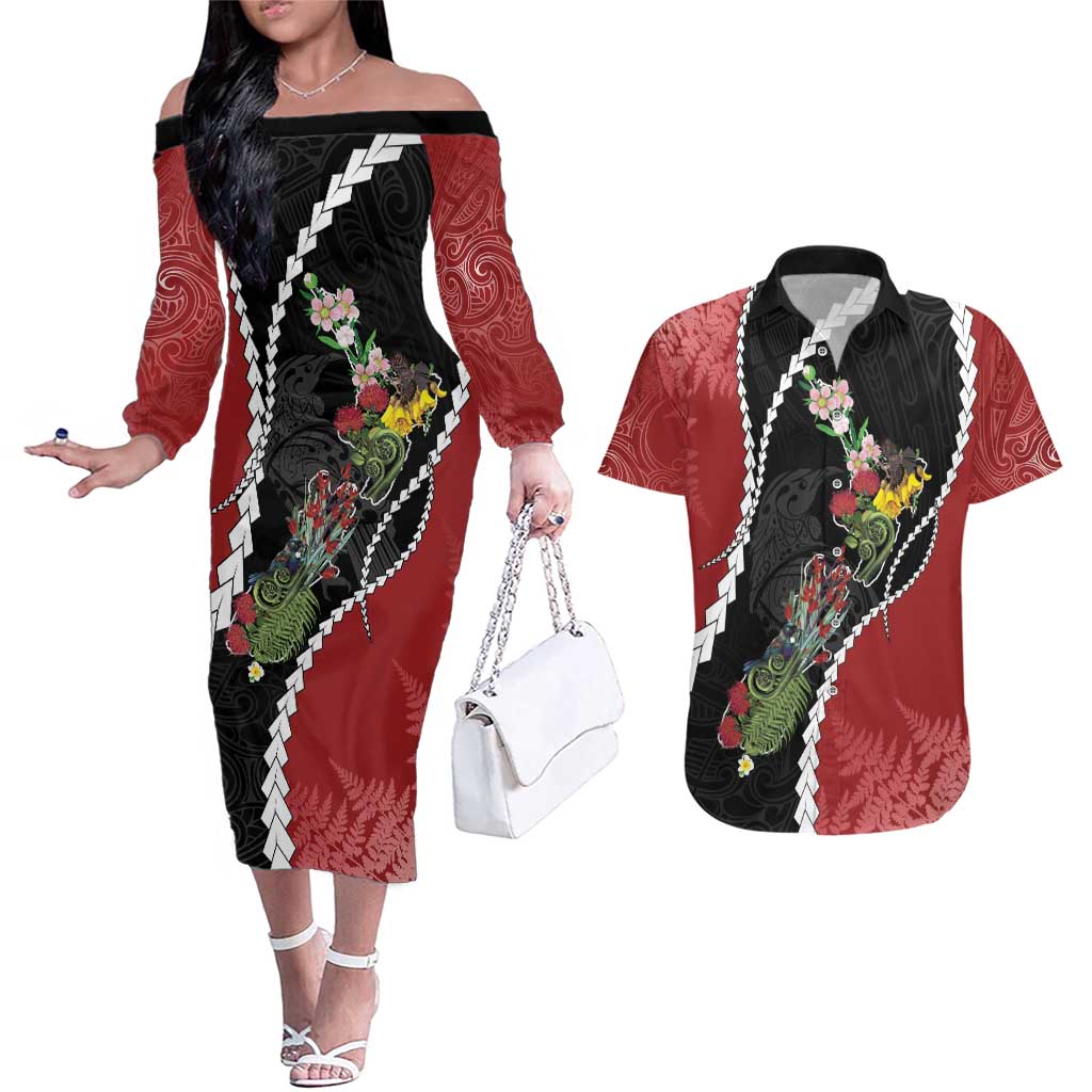 New Zealand Christmas Couples Matching Off The Shoulder Long Sleeve Dress and Hawaiian Shirt Flora Map with Birds - Polynesian Pride