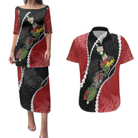 New Zealand Christmas Couples Matching Puletasi and Hawaiian Shirt Flora Map with Birds - Polynesian Pride