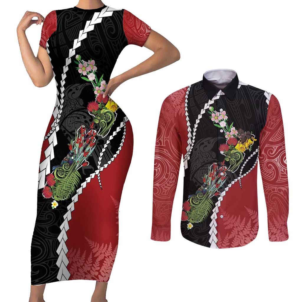 New Zealand Christmas Couples Matching Short Sleeve Bodycon Dress and Long Sleeve Button Shirt Flora Map with Birds - Polynesian Pride