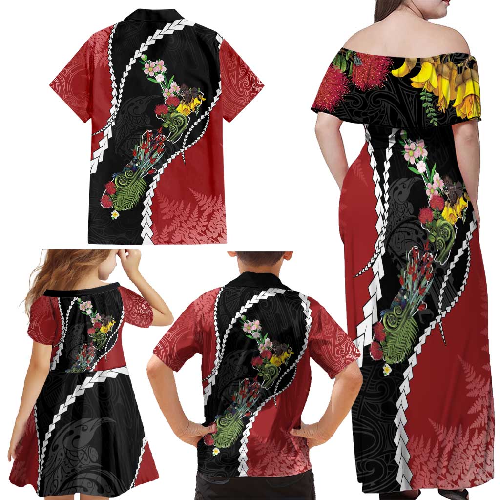 New Zealand Christmas Family Matching Off Shoulder Maxi Dress and Hawaiian Shirt Flora Map with Birds - Polynesian Pride