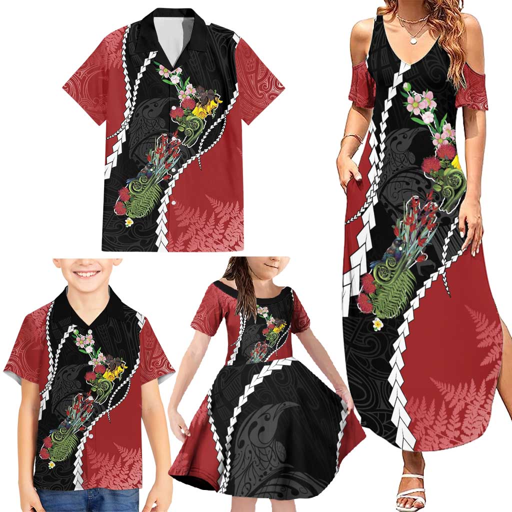 New Zealand Christmas Family Matching Summer Maxi Dress and Hawaiian Shirt Flora Map with Birds - Polynesian Pride