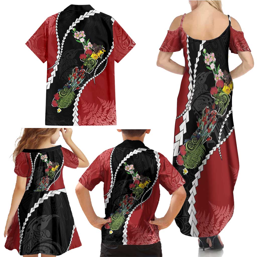 New Zealand Christmas Family Matching Summer Maxi Dress and Hawaiian Shirt Flora Map with Birds - Polynesian Pride
