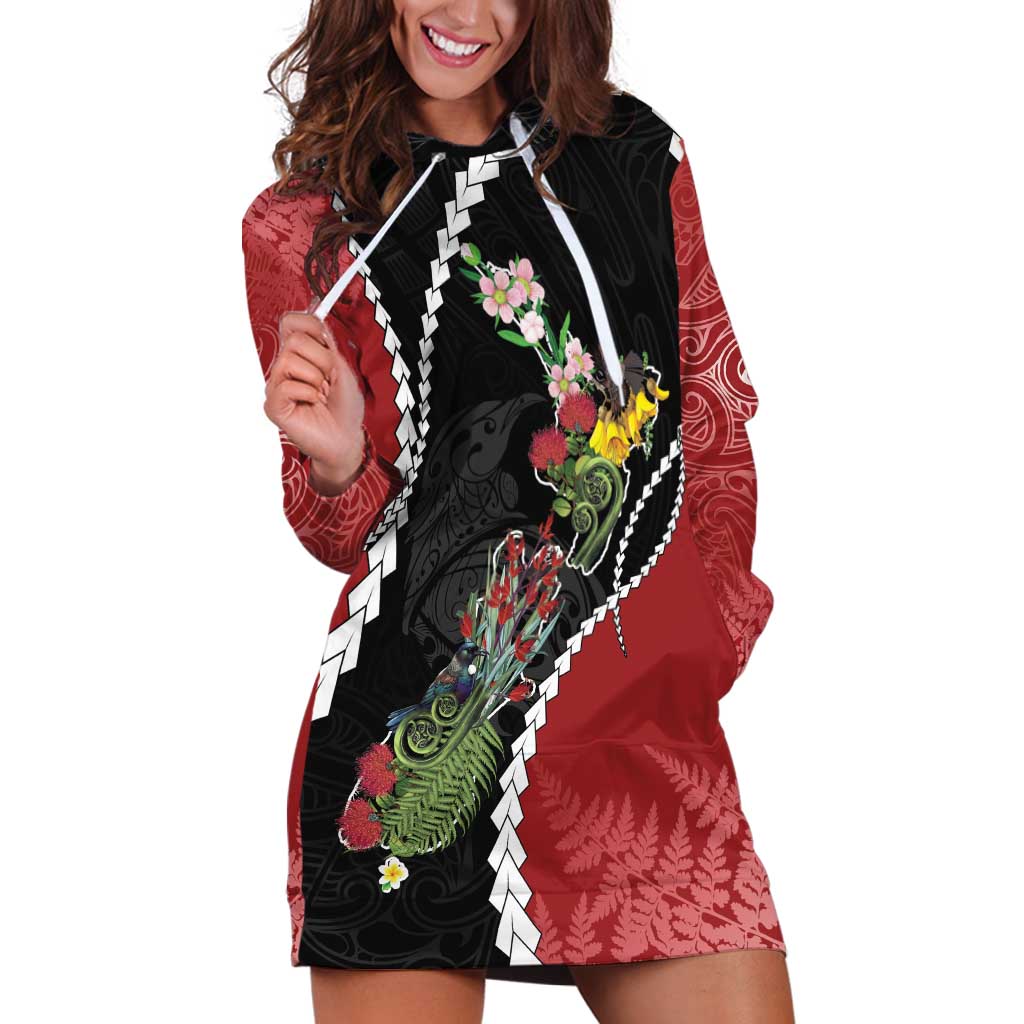 New Zealand Christmas Hoodie Dress Flora Map with Birds - Polynesian Pride