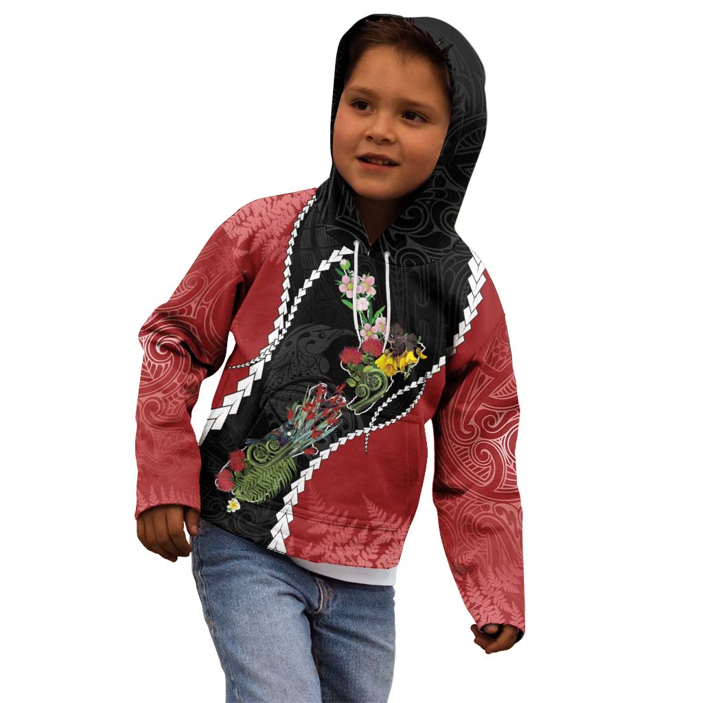 New Zealand Christmas Kid Hoodie Flora Map with Birds - Polynesian Pride