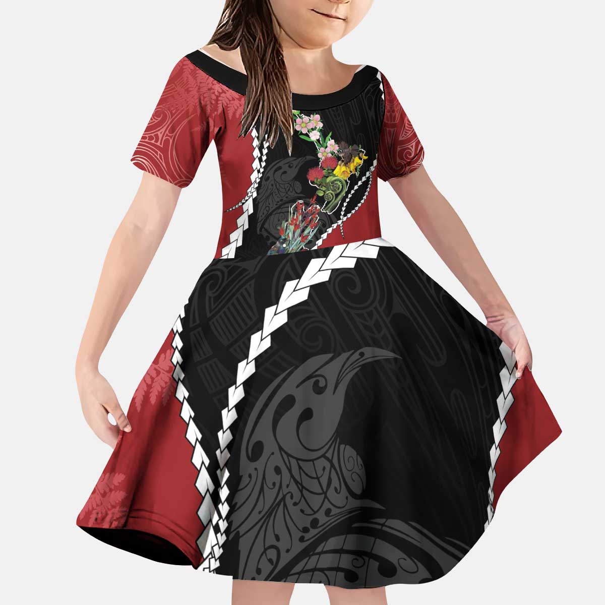 New Zealand Christmas Kid Short Sleeve Dress Flora Map with Birds - Polynesian Pride