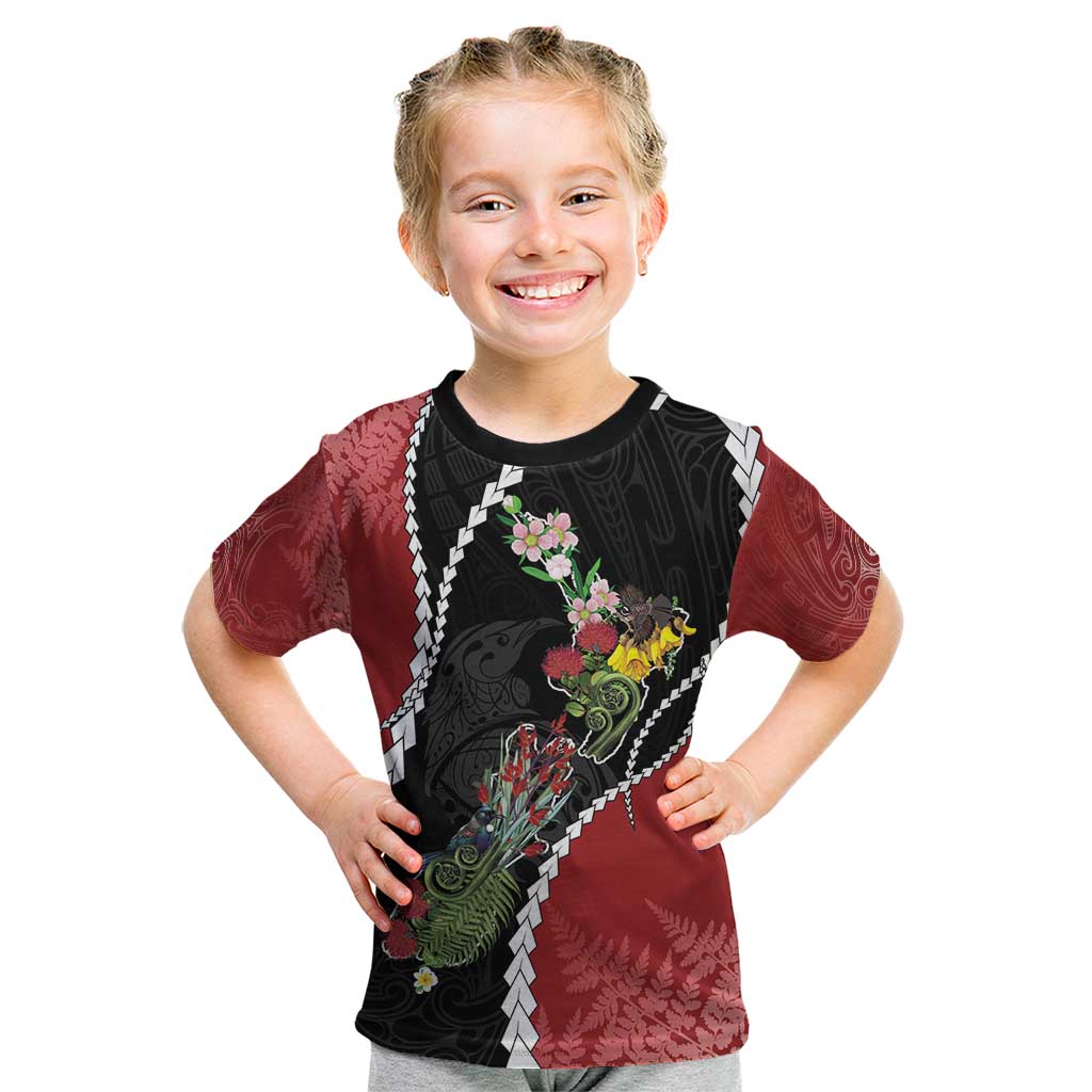 New Zealand Christmas Kid T Shirt Flora Map with Birds - Polynesian Pride