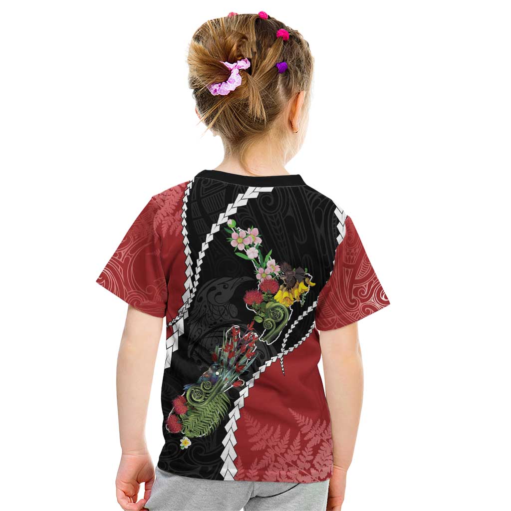 New Zealand Christmas Kid T Shirt Flora Map with Birds - Polynesian Pride