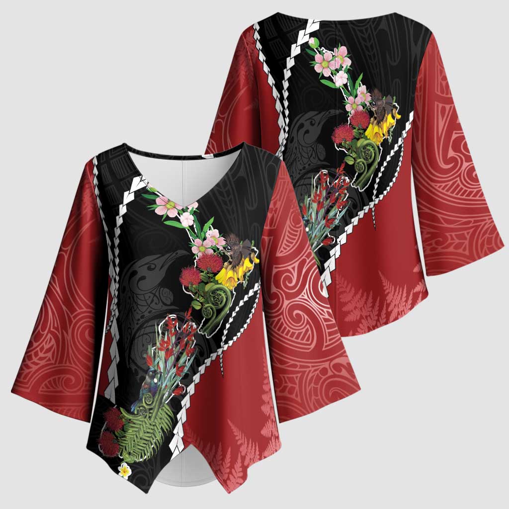 New Zealand Christmas Kimono Sleeve Blouse Flora Map with Birds - Polynesian Pride
