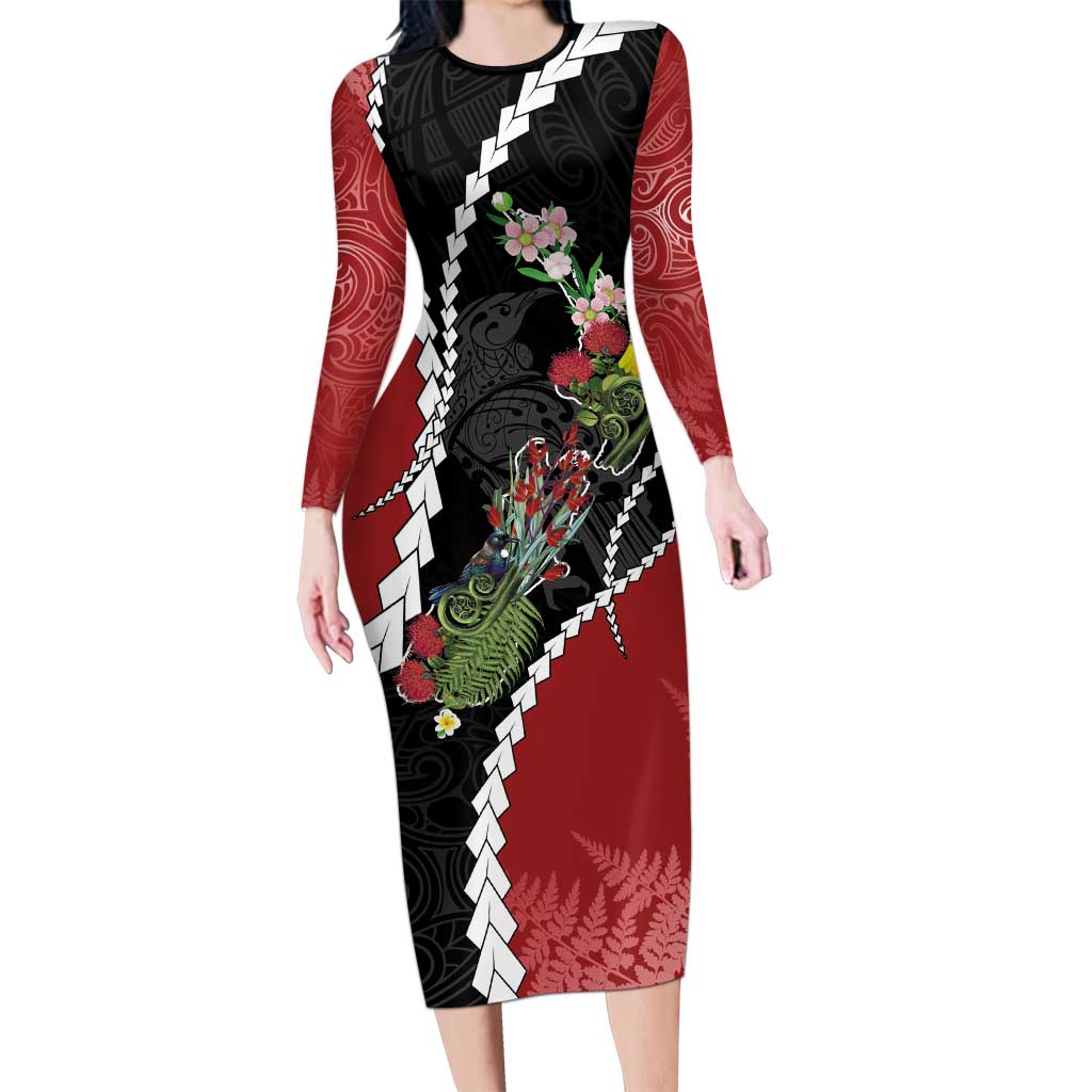 New Zealand Christmas Long Sleeve Bodycon Dress Flora Map with Birds - Polynesian Pride