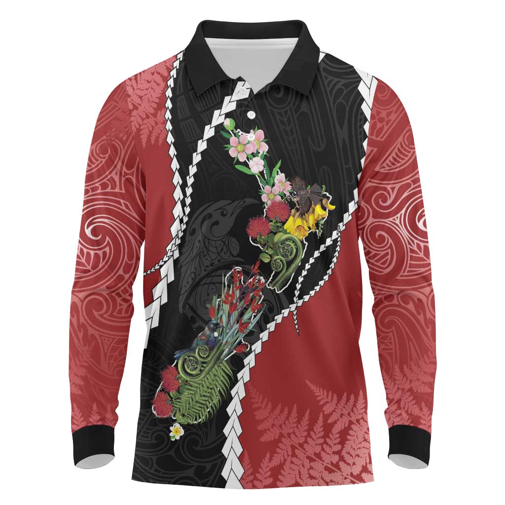 New Zealand Christmas Long Sleeve Polo Shirt Flora Map with Birds - Polynesian Pride