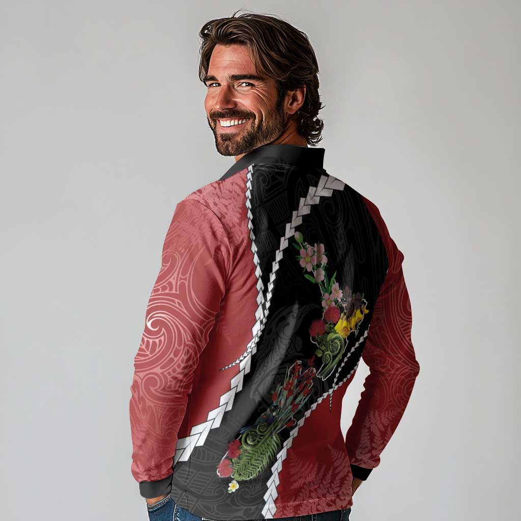 New Zealand Christmas Long Sleeve Polo Shirt Flora Map with Birds - Polynesian Pride