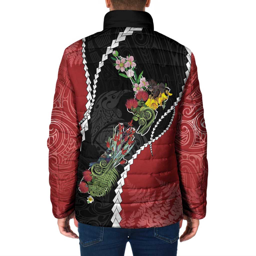 New Zealand Christmas Padded Jacket Flora Map with Birds - Polynesian Pride