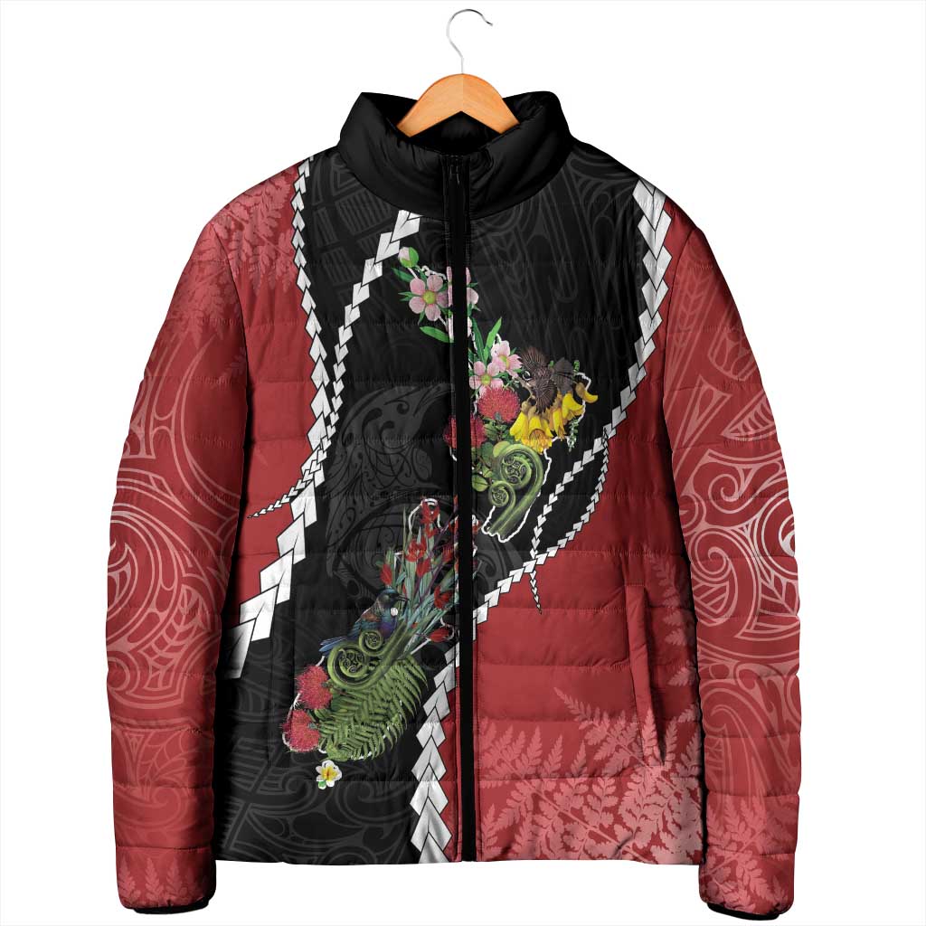 New Zealand Christmas Padded Jacket Flora Map with Birds - Polynesian Pride