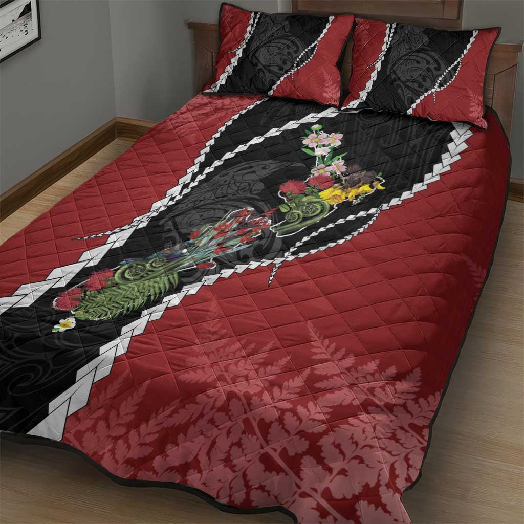 New Zealand Christmas Quilt Bed Set Flora Map with Birds - Polynesian Pride