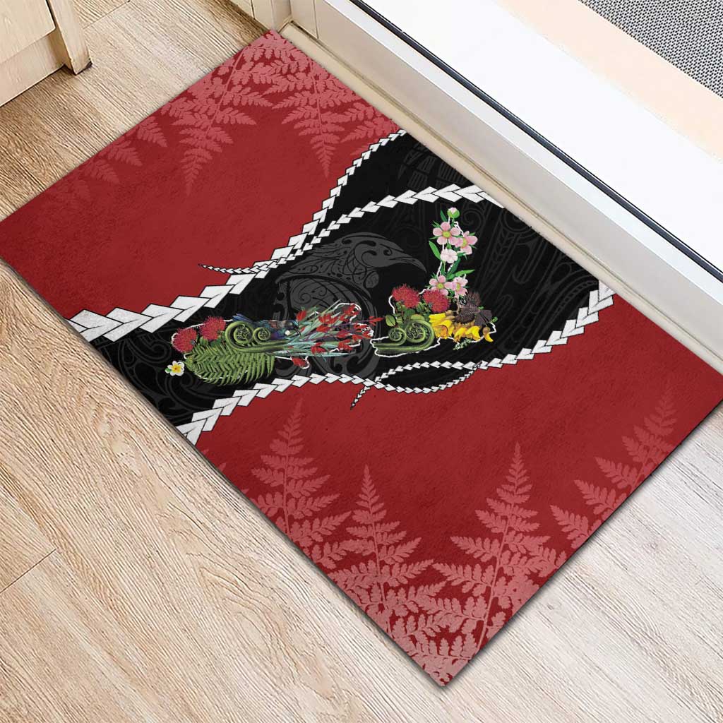 New Zealand Christmas Rubber Doormat Flora Map with Birds - Polynesian Pride