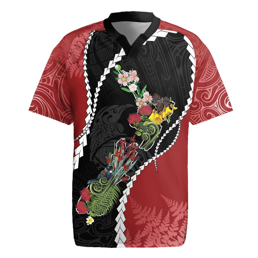 New Zealand Christmas Rugby Jersey Flora Map with Birds - Polynesian Pride
