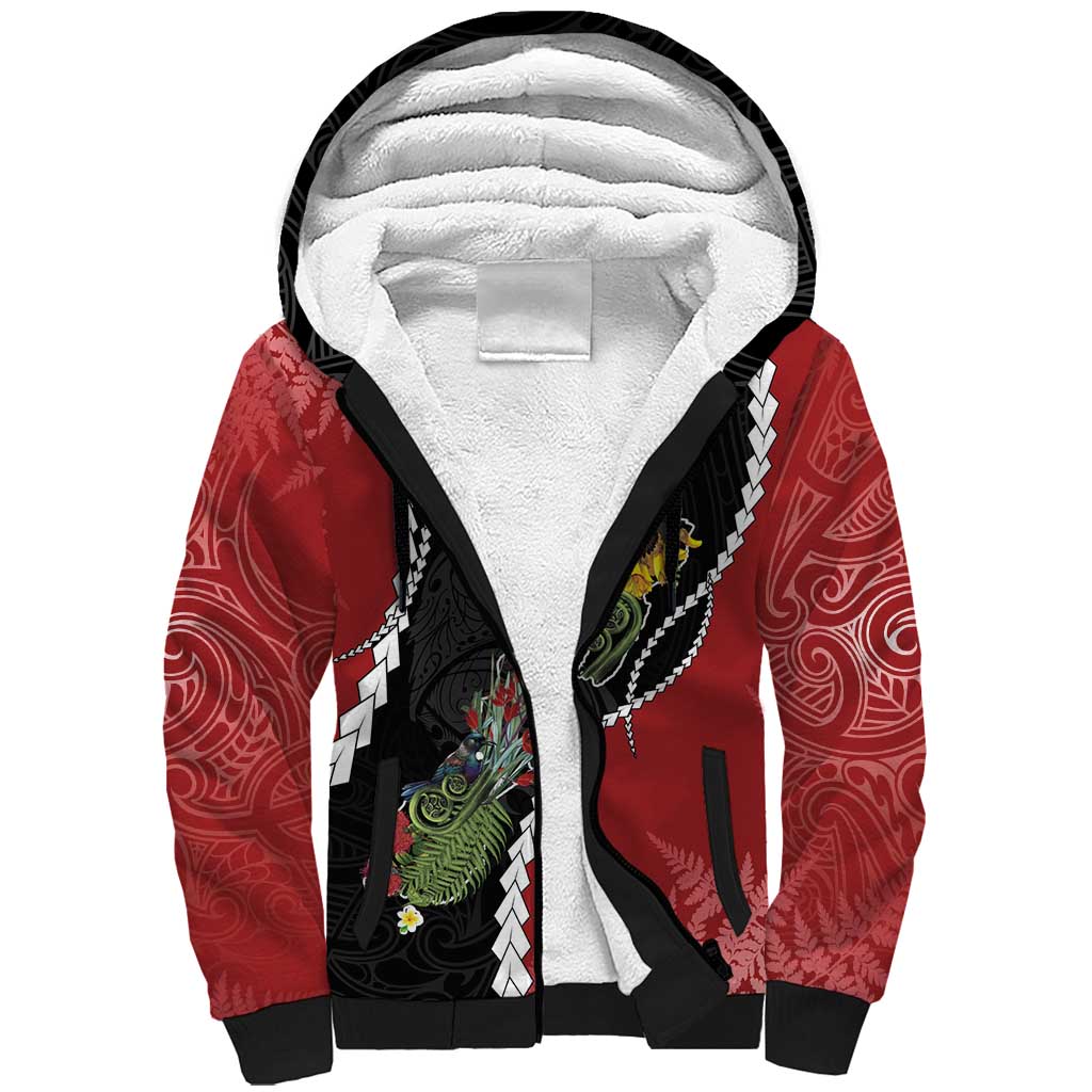 New Zealand Christmas Sherpa Hoodie Flora Map with Birds - Polynesian Pride