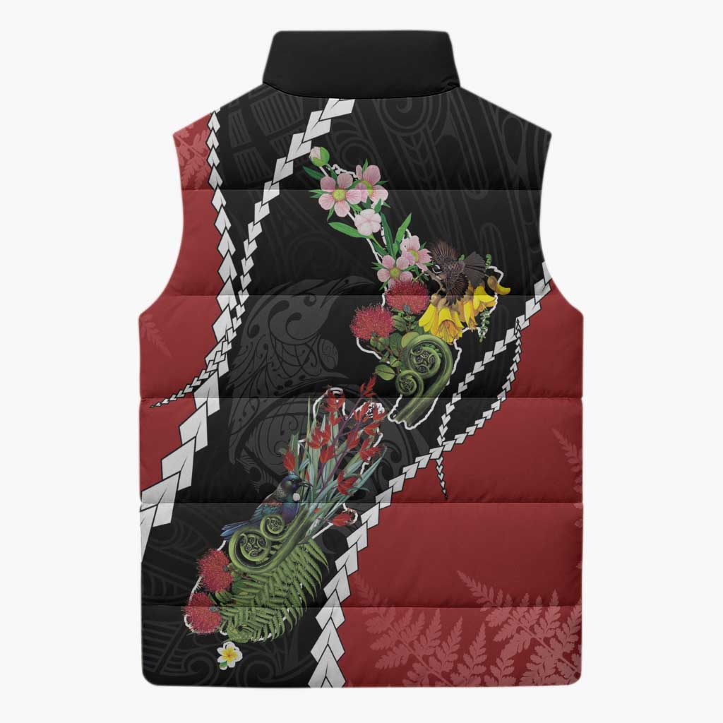 New Zealand Christmas Sleeveless Puffer Jacket Flora Map with Birds - Polynesian Pride