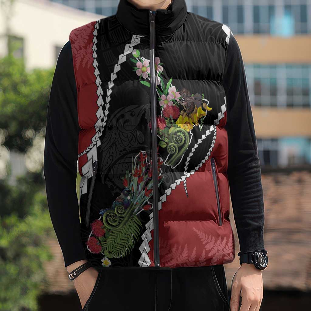 New Zealand Christmas Sleeveless Puffer Jacket Flora Map with Birds - Polynesian Pride