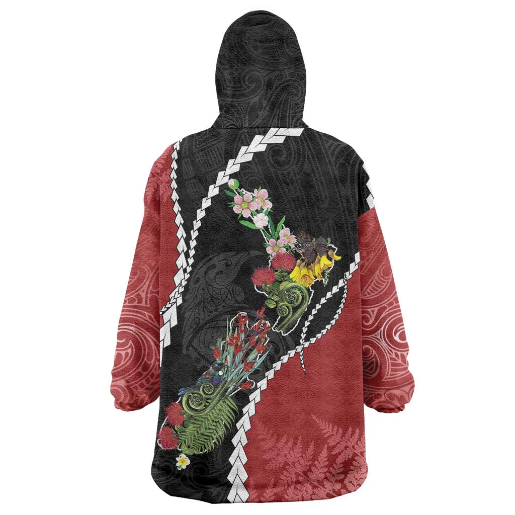 New Zealand Christmas Wearable Blanket Hoodie Flora Map with Birds - Polynesian Pride