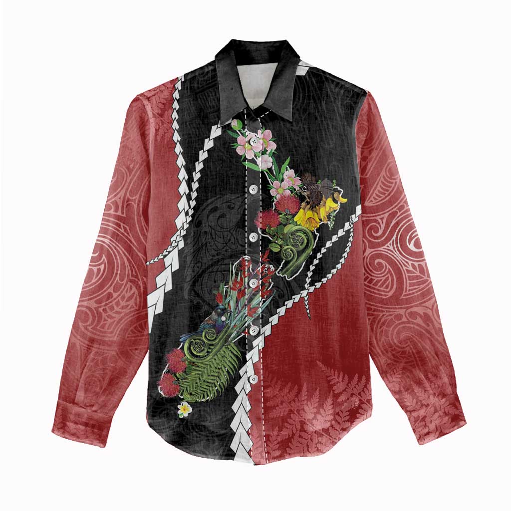 New Zealand Christmas Women Casual Shirt Flora Map with Birds - Polynesian Pride