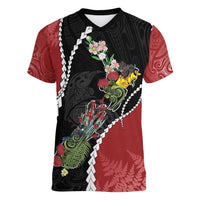 New Zealand Christmas Women V-Neck T-Shirt Flora Map with Birds - Polynesian Pride