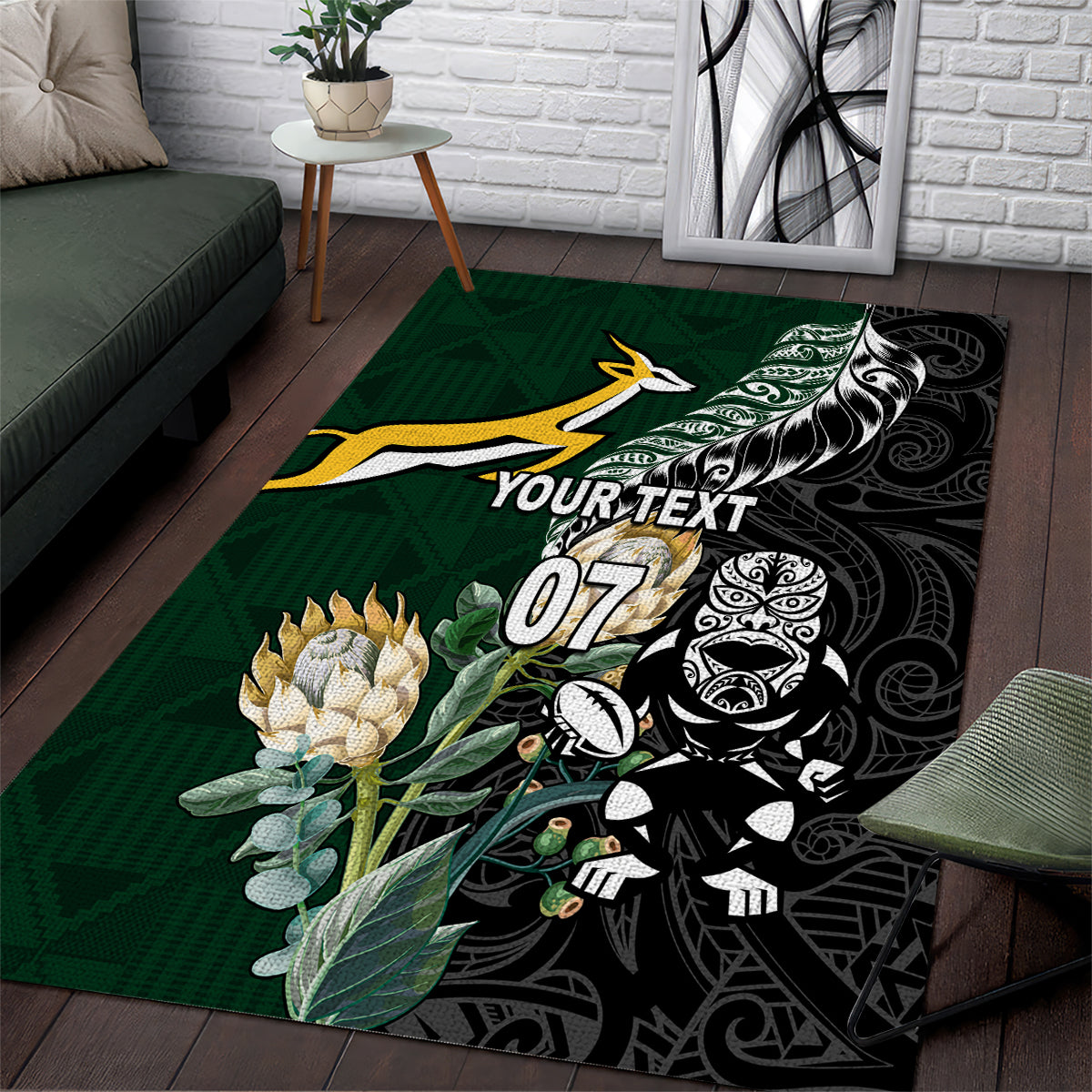 Custom South Africa Mix New Zealand Rugby 2023 Area Rug World Cup Greatest Rivalry LT7 Black Green - Polynesian Pride