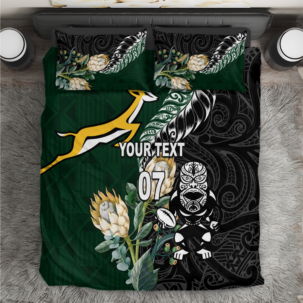 Custom South Africa Mix New Zealand Rugby 2023 Bedding Set World Cup Greatest Rivalry LT7 Black Green - Polynesian Pride