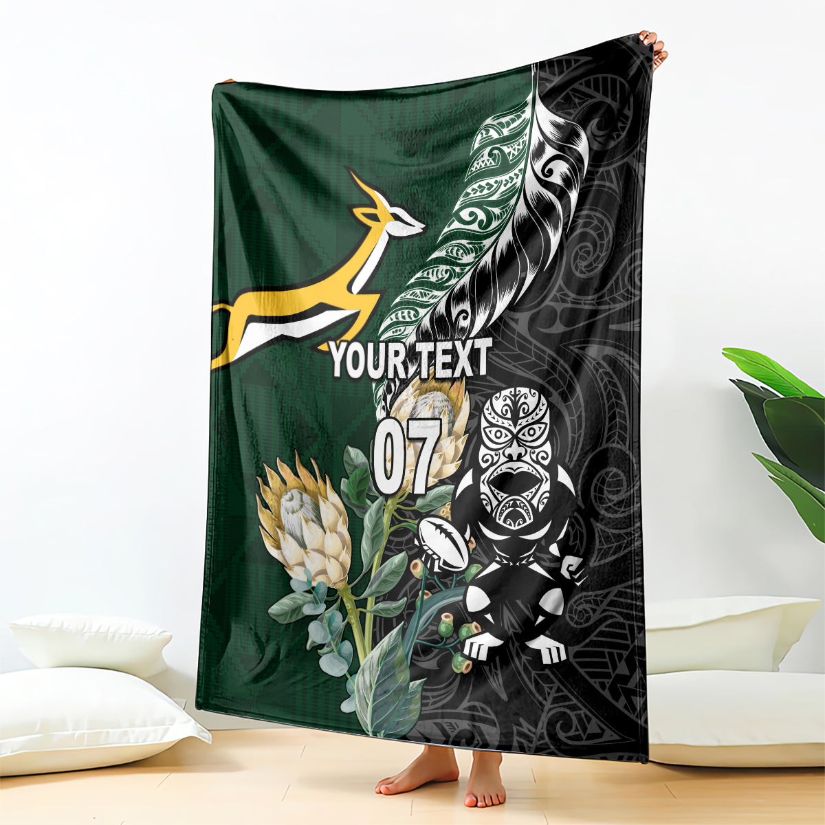 Custom South Africa Mix New Zealand Rugby 2023 Blanket World Cup Greatest Rivalry LT7 Black Green - Polynesian Pride