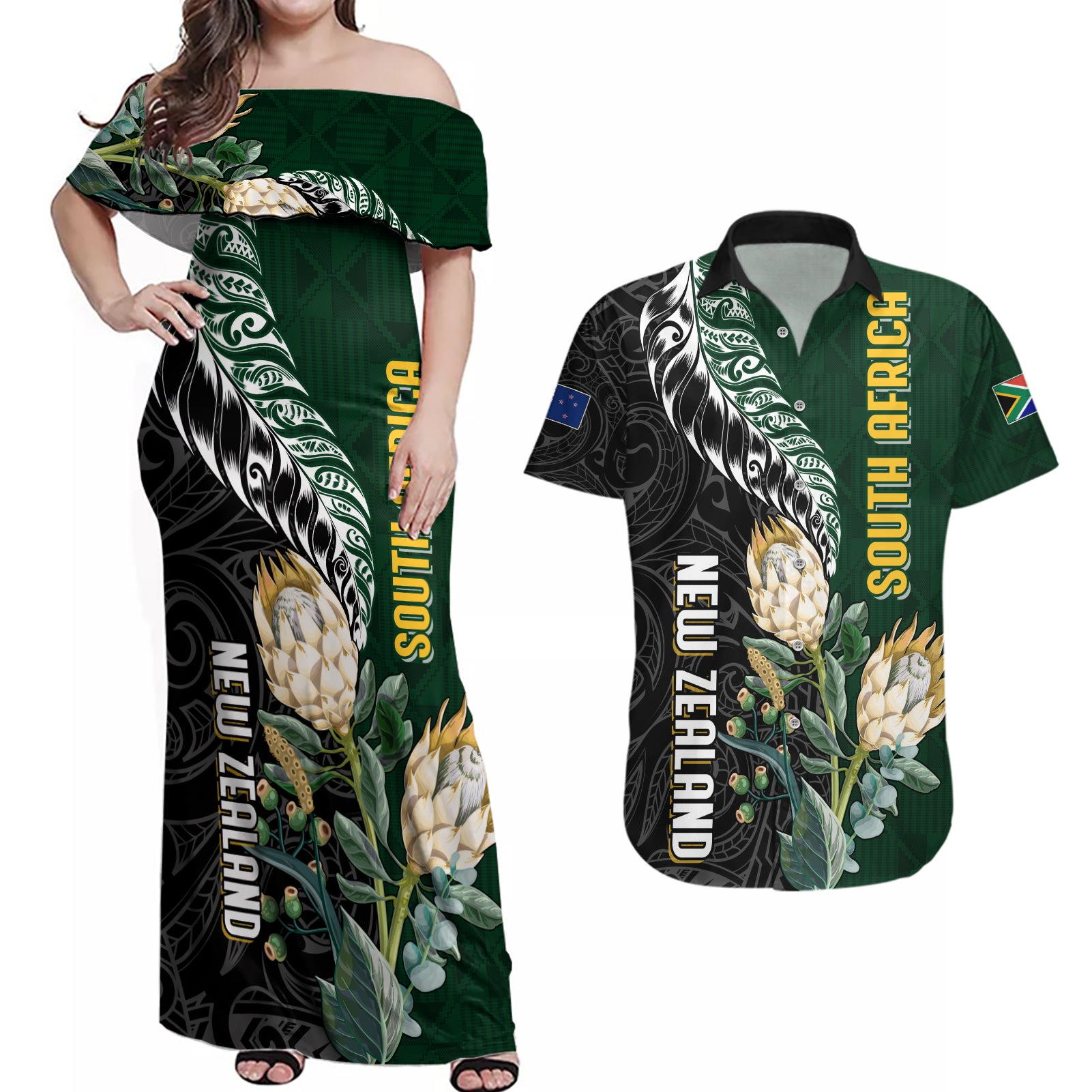 Custom South Africa Mix New Zealand Rugby 2023 Couples Matching Off Shoulder Maxi Dress and Hawaiian Shirt World Cup Greatest Rivalry LT7 Black Green - Polynesian Pride