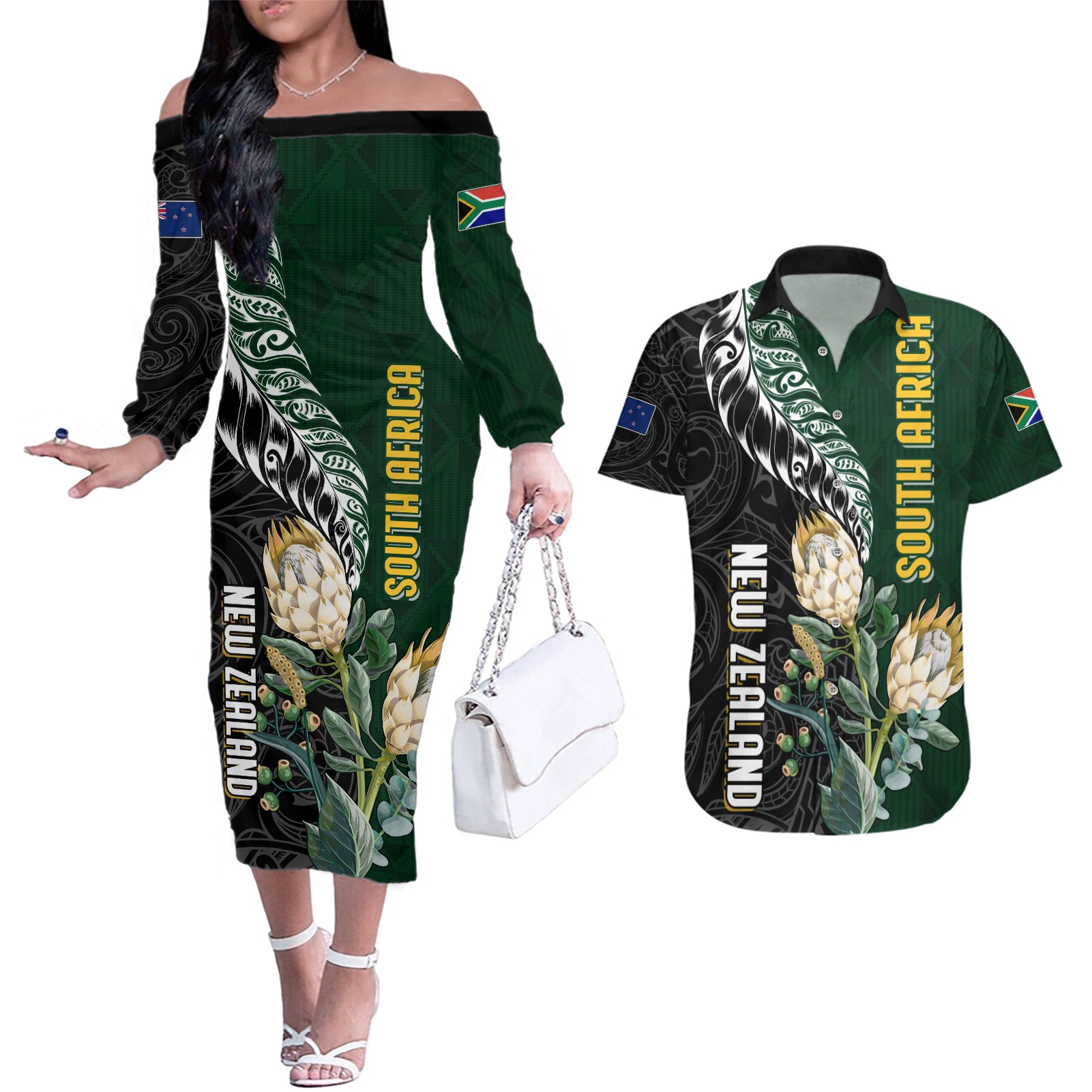 Custom South Africa Mix New Zealand Rugby 2023 Couples Matching Off The Shoulder Long Sleeve Dress and Hawaiian Shirt World Cup Greatest Rivalry LT7 Black Green - Polynesian Pride