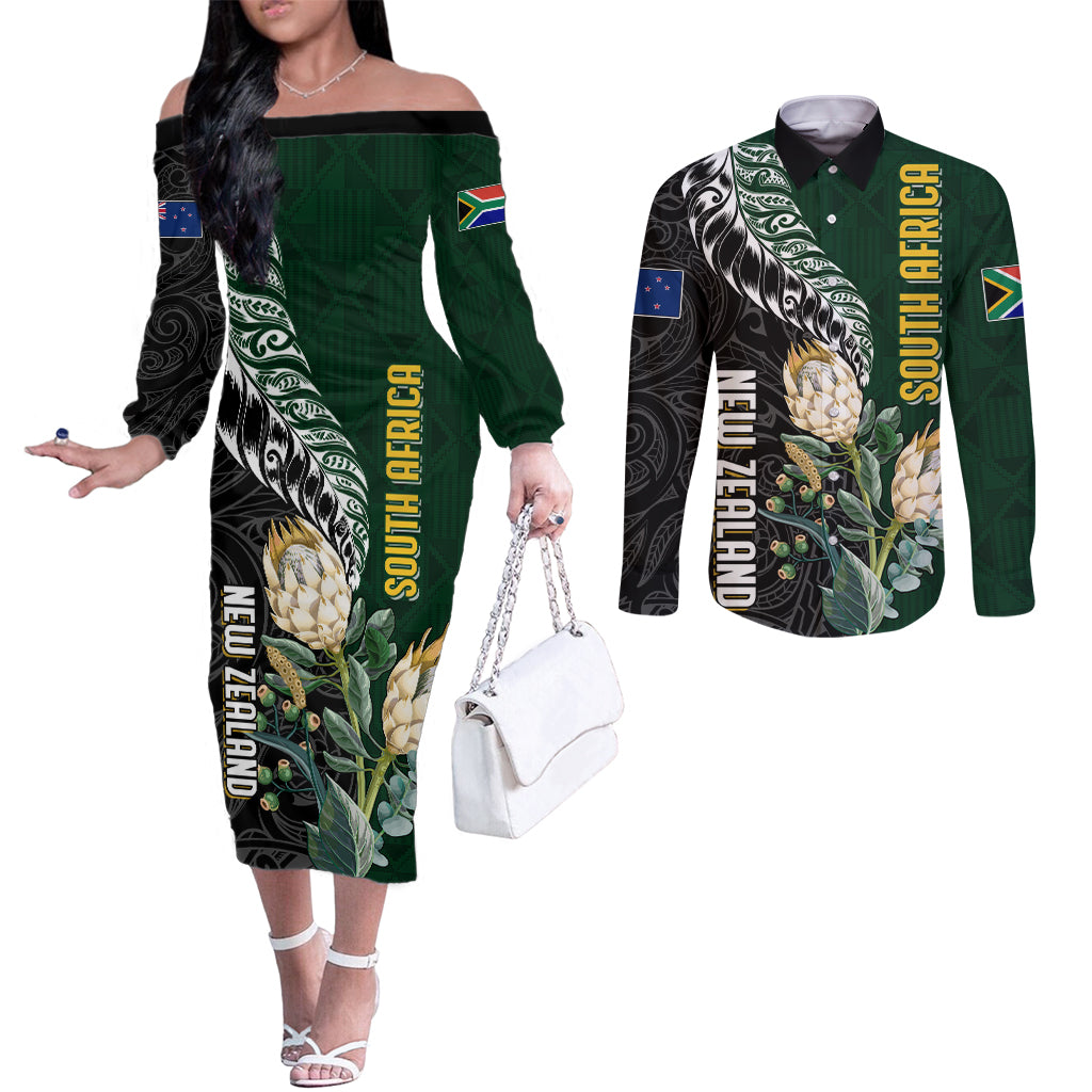 Custom South Africa Mix New Zealand Rugby 2023 Couples Matching Off The Shoulder Long Sleeve Dress and Long Sleeve Button Shirt World Cup Greatest Rivalry LT7 Black Green - Polynesian Pride