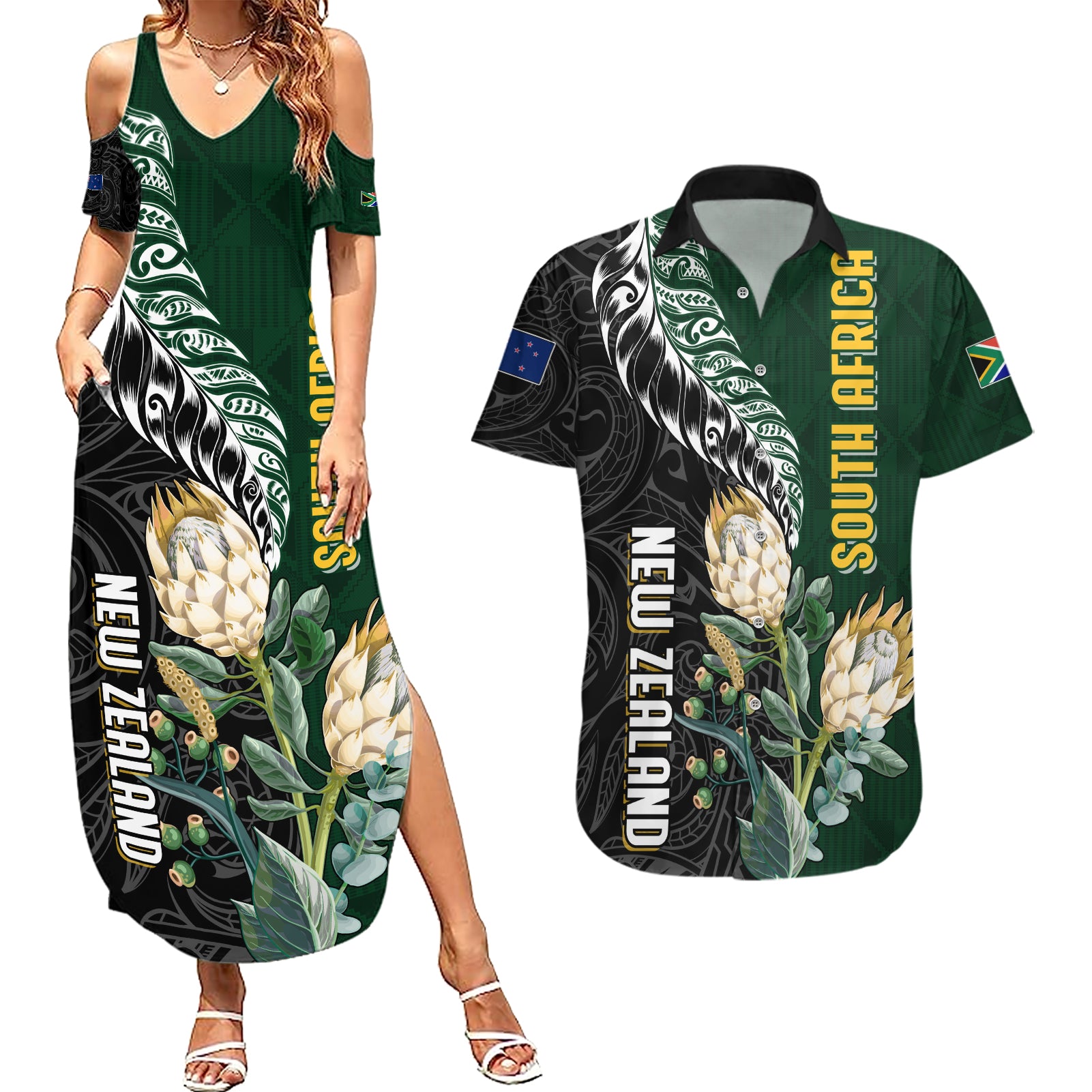 Custom South Africa Mix New Zealand Rugby 2023 Couples Matching Summer Maxi Dress and Hawaiian Shirt World Cup Greatest Rivalry LT7 Black Green - Polynesian Pride