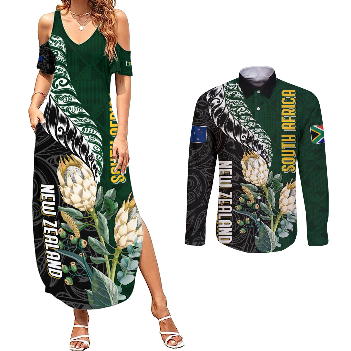 Custom South Africa Mix New Zealand Rugby 2023 Couples Matching Summer Maxi Dress and Long Sleeve Button Shirt World Cup Greatest Rivalry LT7 Black Green - Polynesian Pride