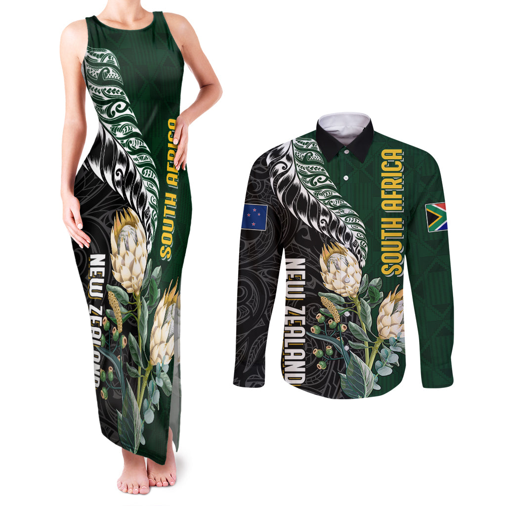 Custom South Africa Mix New Zealand Rugby 2023 Couples Matching Tank Maxi Dress and Long Sleeve Button Shirt World Cup Greatest Rivalry LT7 Black Green - Polynesian Pride