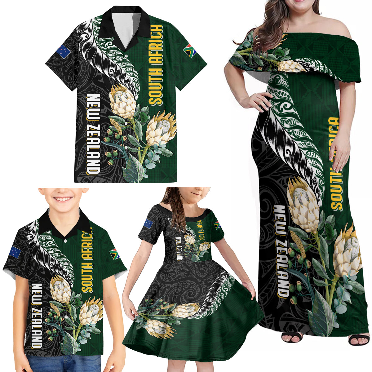 Custom South Africa Mix New Zealand Rugby 2023 Family Matching Off Shoulder Maxi Dress and Hawaiian Shirt World Cup Greatest Rivalry LT7 - Polynesian Pride