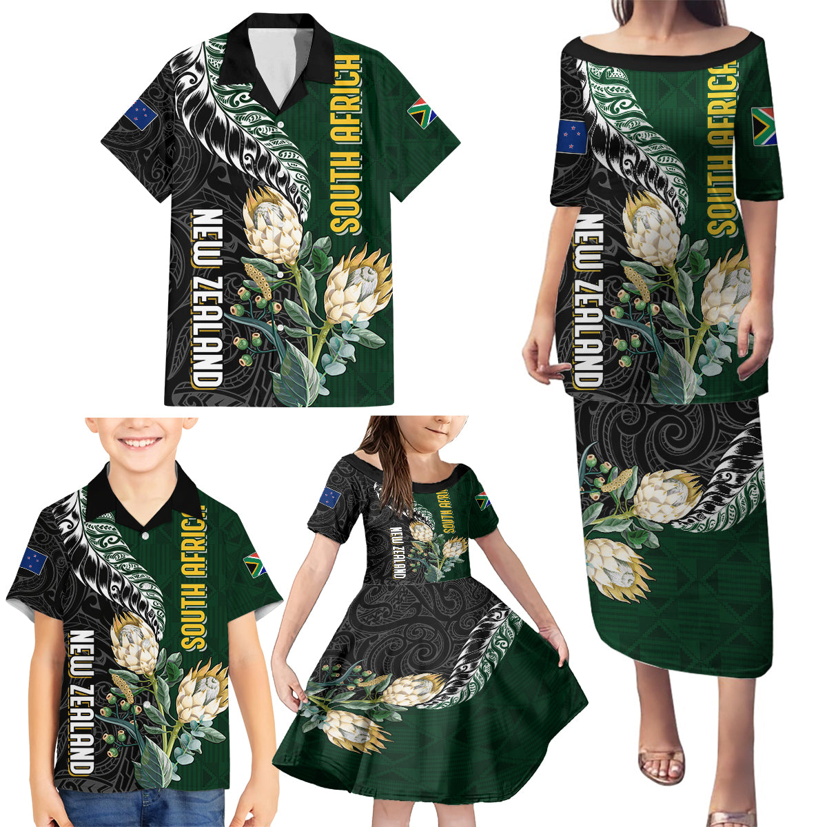 Custom South Africa Mix New Zealand Rugby 2023 Family Matching Puletasi Dress and Hawaiian Shirt World Cup Greatest Rivalry LT7 - Polynesian Pride